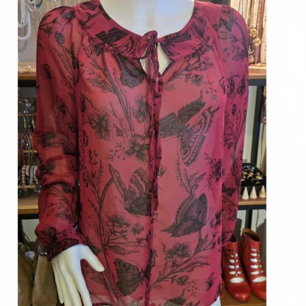 NWOT Butterfly Print Black Fushia Semi Sheer Blouse size L